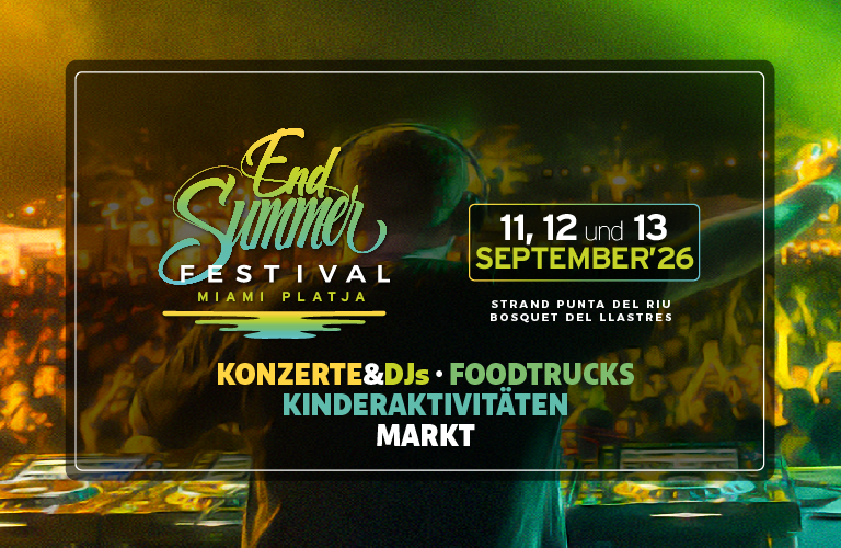 endsummer-miami-platja-web-banner-mobile-de Offizielles Plakat des End Summer Festivals 2026 in Miami Platja vom 11. bis 13. September mit Live-Konzerten, DJs, Foodtrucks, Aktivitäten für die ganze Familie und einem Kunsthandwerkermarkt.