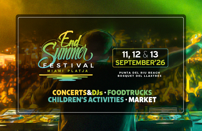 Official poster for the 2026 End Summer Festival in Miami Platja, taking place September 11–13, featuring live concerts, DJs, food trucks, family-friendly activities, and a craft market.