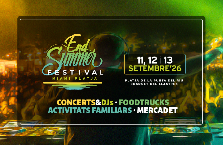 Cartell de l'End Summer Festival 2026 a Miami Platja amb les dates de l'11 al 13 de setembre, concerts, DJs, food trucks, activitats familiars i mercadet.