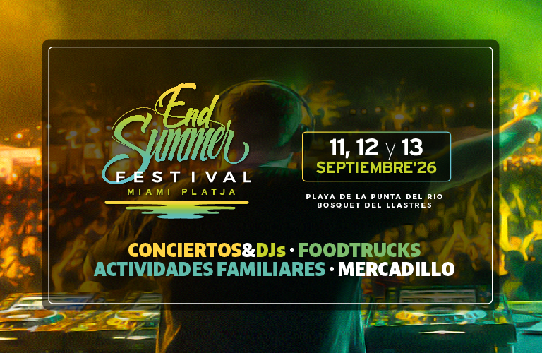 endsummer-web-banner-mobile-es Cartel del End Summer Festival 2026 en Miami Platja con las fechas del 11 al 13 de septiembre, conciertos, DJs, food trucks, actividades familiares y mercadillo.